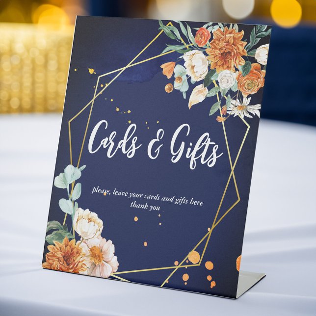 Navy blue orange sage flowers gift table sign (Gifts table wedding sign Navy blue orange sage flowers gift table sign personalized wedding signs)
