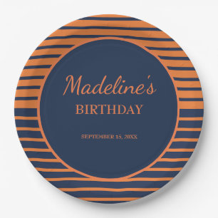 Navy Blue Orange Striped Birthday Party  Paper Plate