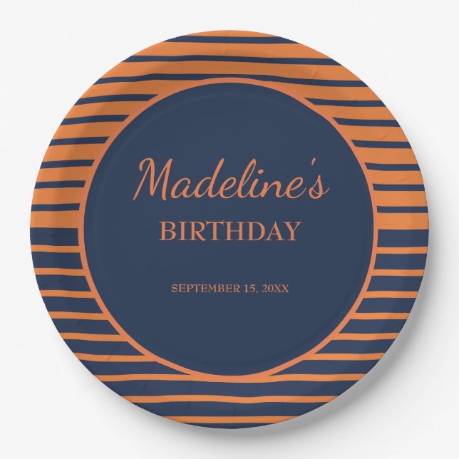 Navy Blue Orange Striped Birthday Party  Paper Plate (Front)
