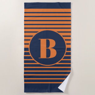 Navy Blue Orange Striped Monogram   Beach Towel