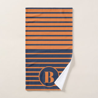 Navy Blue Orange Striped Monogram Hand Towel