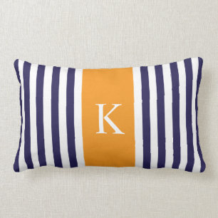 Navy Blue Orange Stripes Monogram Lumbar Cushion