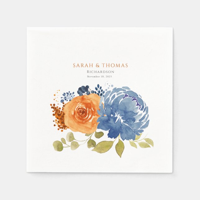 Navy Blue Orange  Terracotta Boho  Floral Napkin (Front)