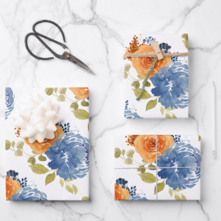 Navy Blue Orange Terracotta Boho Floral  Wrapping Paper Sheet