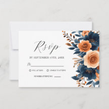 Navy Blue Orange Terracotta Floral Elegant Wedding