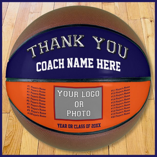 Navy Blue, Orange, Thanks Coach, PHOTO Basketball (Christmas gift ideas for basketball coach.  Blue and Orange, Basketball for Coach. Custom Basketball)