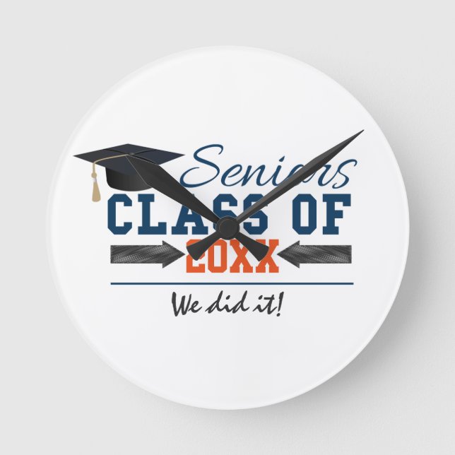 Navy Blue Orange Typography Graduation Clock (Front)
