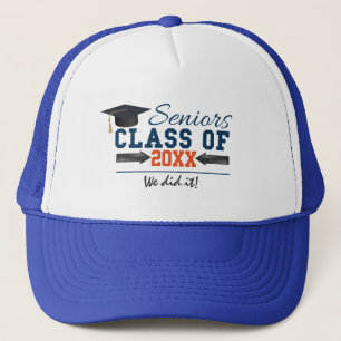 Navy Blue Orange Typography Graduation Hat