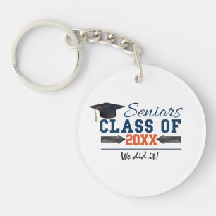 Navy Blue Orange Typography Graduation key ring