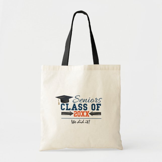 Navy Blue Orange Typography Graduation Tote Bag (Front)