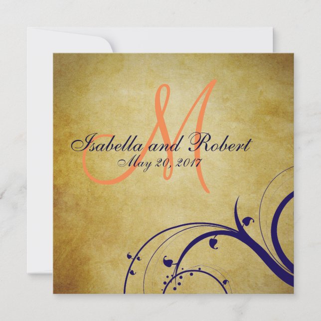 Navy Blue Orange Vintage Wedding Invitation (Front)
