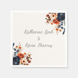 Navy Blue Orange Watercolor Floral Napkin