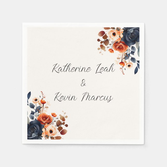 Navy Blue Orange Watercolor Floral Napkin (Front)