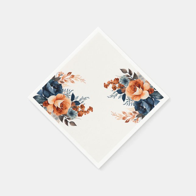 Navy Blue Orange Watercolor Floral Napkin (Corner)