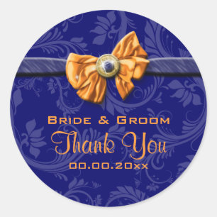 Navy blue orange wedding "thank you" classic round sticker