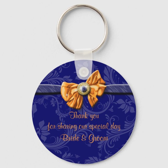 Navy blue orange wedding "thank you" theme key ring (Front)