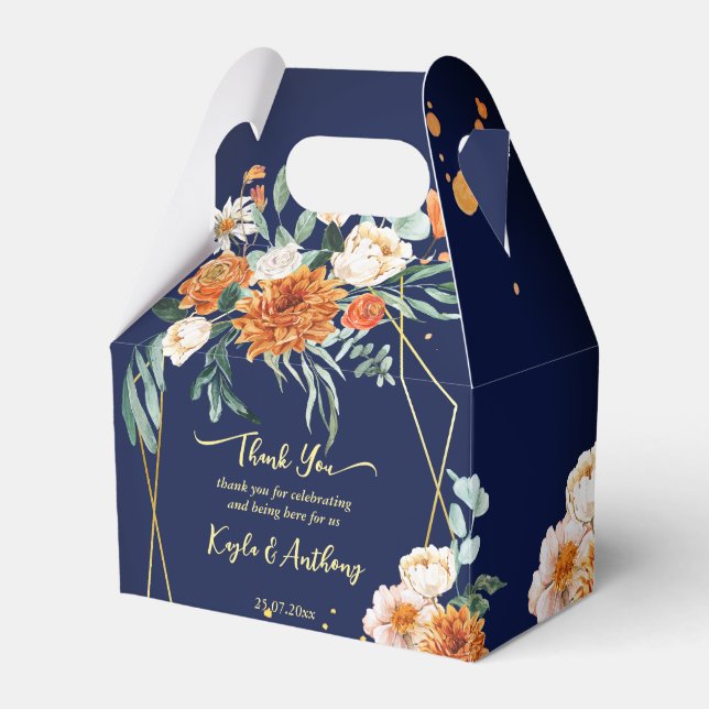 Navy blue orange white flowrs wedding custom favour box (Front Side)