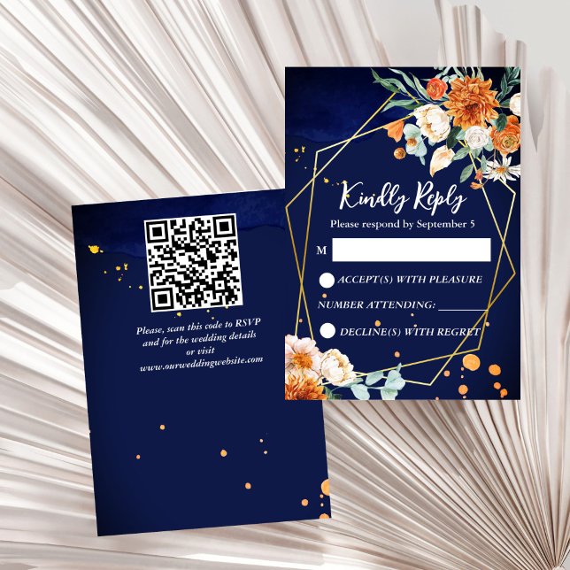 Navy blue orange white roses wedding RSVP (Navy blue orange white roses geometrical gold frame wedding RSVP card wedding invitation suite)
