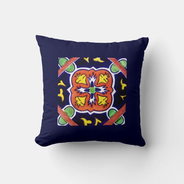 Navy Blue, Orange, Yellow Southwestern Throw Pillo Cushion (Front)