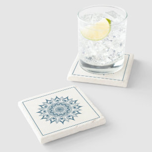 Navy-blue ornate circle mandala stone coaster