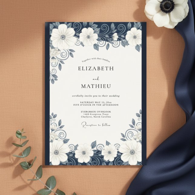 Navy Blue Ornate Elegant Wedding Invitation (Creator Uploaded)