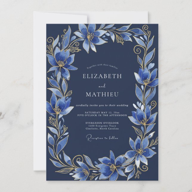 Navy Blue Ornate Evening Wedding Invitation (Front)