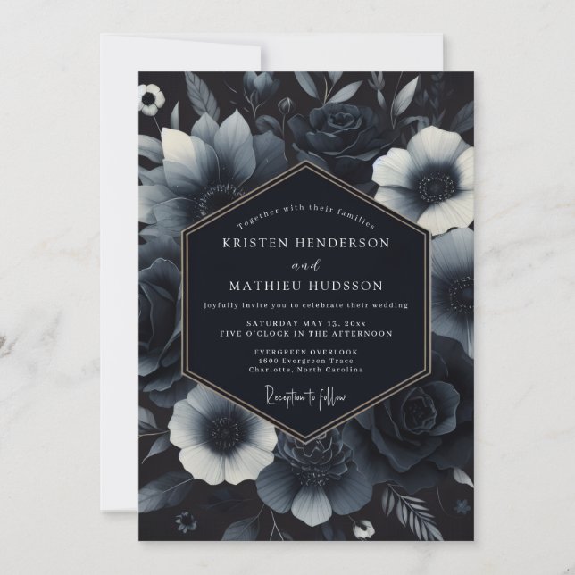 Navy Blue Ornate Gothic Wedding Invitation (Front)