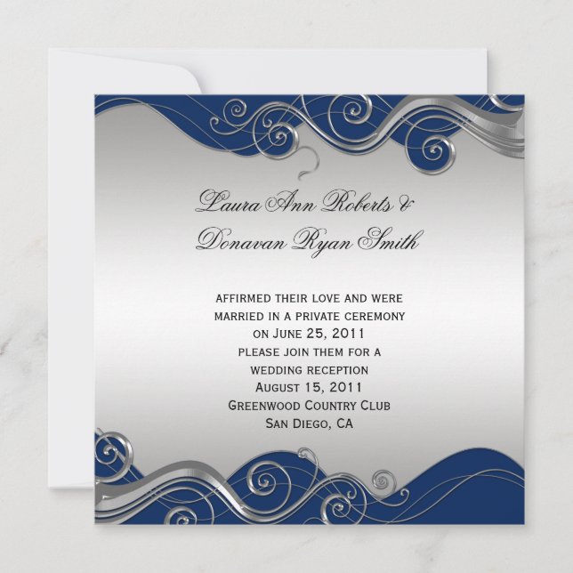 Navy Blue Ornate Silver Swirls Post Wedding Celebr Invitation (Front)
