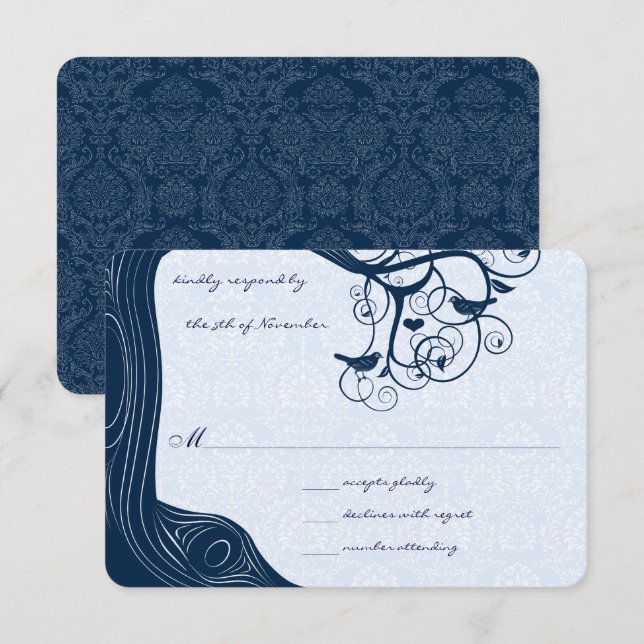 Navy Blue Outdoor Garden Tree Lovebird Wedding RSVP Card (Front/Back)
