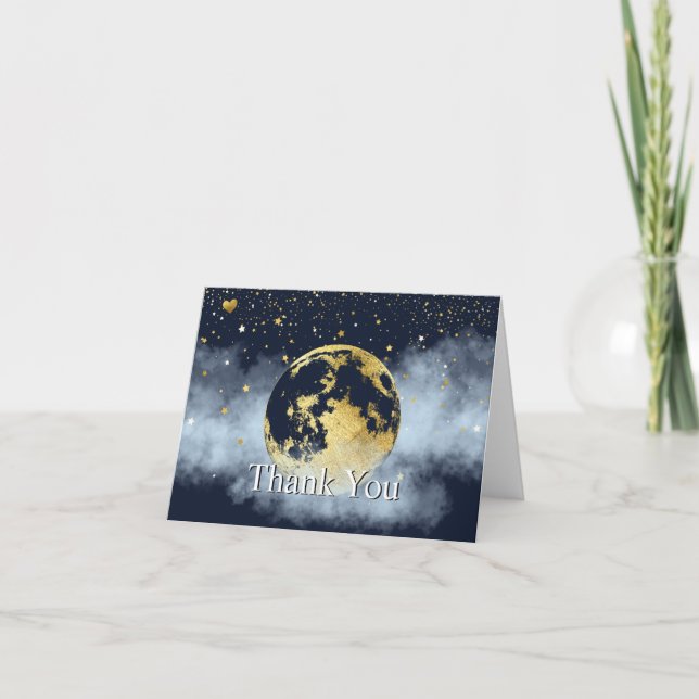 Navy Blue Over the Moon and Stars Celestial Gold Thank You Card (Front)