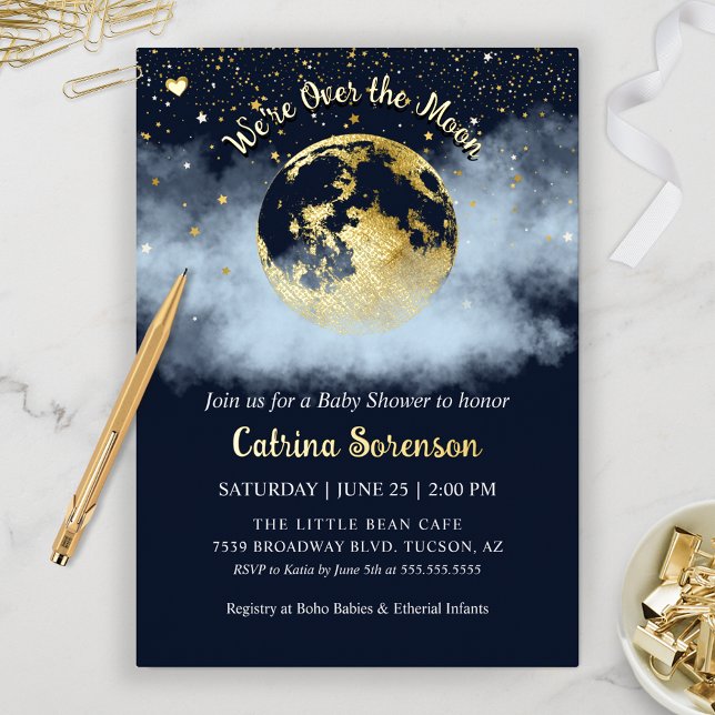 Navy Blue Over the Moon and Stars Gold Baby Shower (Navy Blue Over the Moon and Stars Celestial Baby Shower Invitation for Gender Neutral or Baby Boy)
