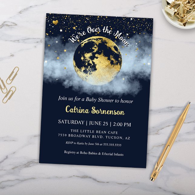 Navy Blue Over the Moon Celestial Gold Baby Shower Invitation (Elegant Blue and Gold Over the Moon and Stars Celestial Baby Shower Invitation)