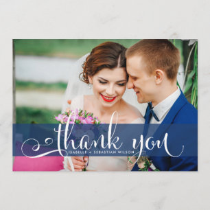Navy Blue Overlay Script Wedding Photo Thank You Card