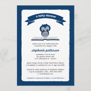 Navy Blue Owl Bring a Book Baby Shower Invitation