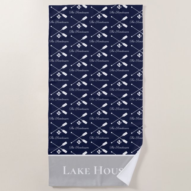  Navy Blue Paddle Monogram Lake House Nautical  Beach Towel (Front)
