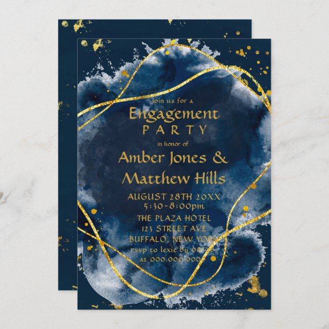 Navy Blue Paint Gold Engagement Party Invitation (Front/Back)