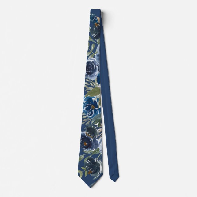 Navy Blue Painted Peony Flower Groom Wedding Tie (Front)