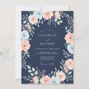 Navy Blue Painterly Floral Wedding Invitation