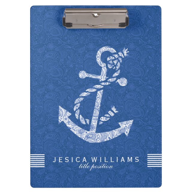Navy Blue Paisley And White Nautical Boat Anchor 2 Clipboard (Front)