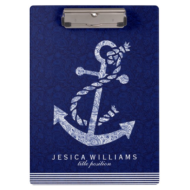 Navy Blue Paisley And White Nautical Boat Anchor Clipboard (Front)