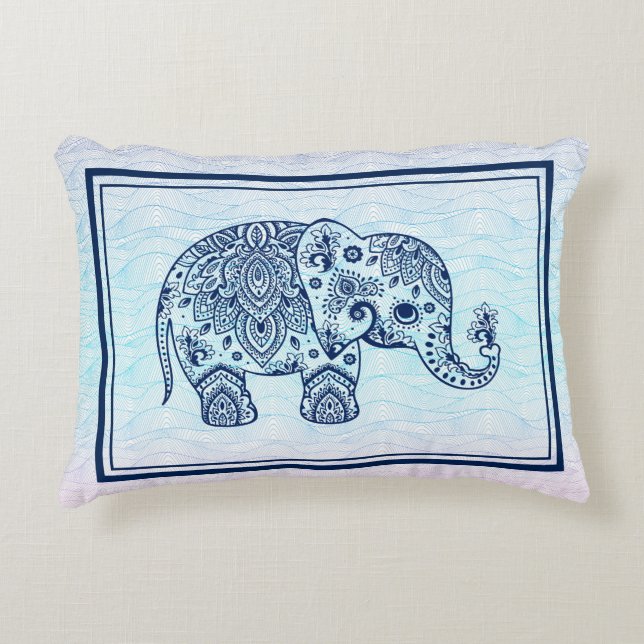 Navy-Blue paisley Elephant Illustration Decorative Cushion (Front)