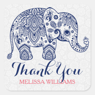 Navy Blue Paisley Elephant Thank You Square Sticker