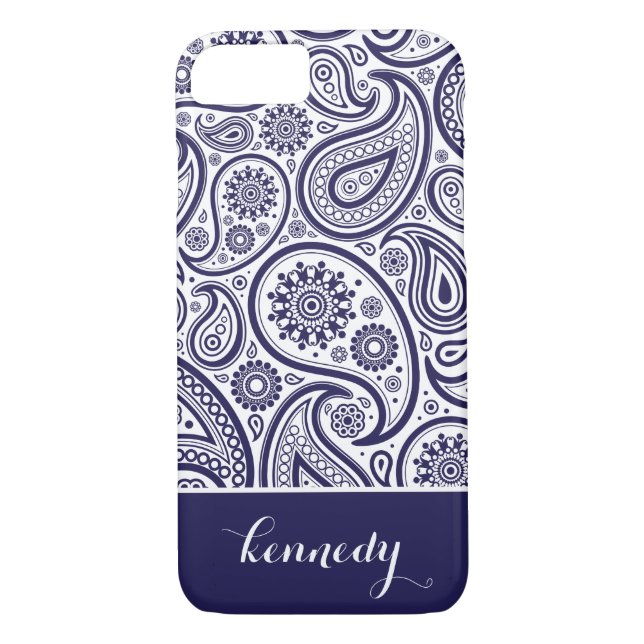 Navy Blue Paisley Floral Pattern Monogram Name Case-Mate iPhone Case (Back)