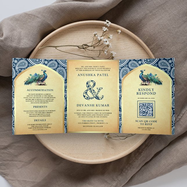 Navy Blue Paisley Indian Peacock QR Code Wedding Tri-Fold Invitation (Creator Uploaded)