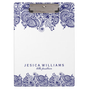 Navy Blue paisley Lace White Background Clipboard