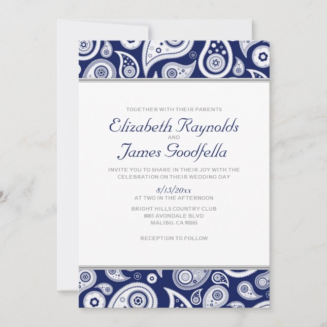 Navy Blue Paisley Wedding Invitations (Front)