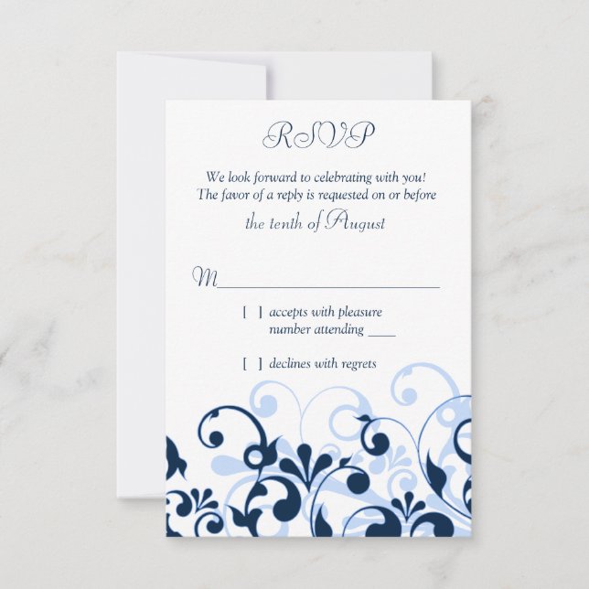 Navy Blue Pale Blue White Abstract Floral RSVP (Front)