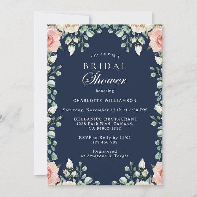 Navy Blue, Pale Pink Floral Bridal Shower Invitation (Front)