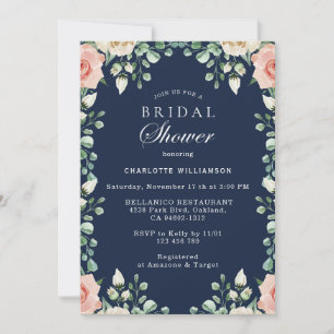 Navy Blue, Pale Pink Floral Bridal Shower Invitation