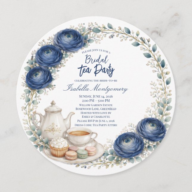 Navy Blue Palette Tea Party Bridal Shower Invitation (Front)